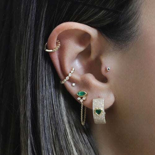 Multi Row Diamond Huggie Earrings with Emerald Heart