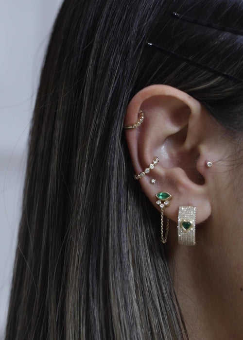 Multi Row Diamond Huggie Earrings with Emerald Heart