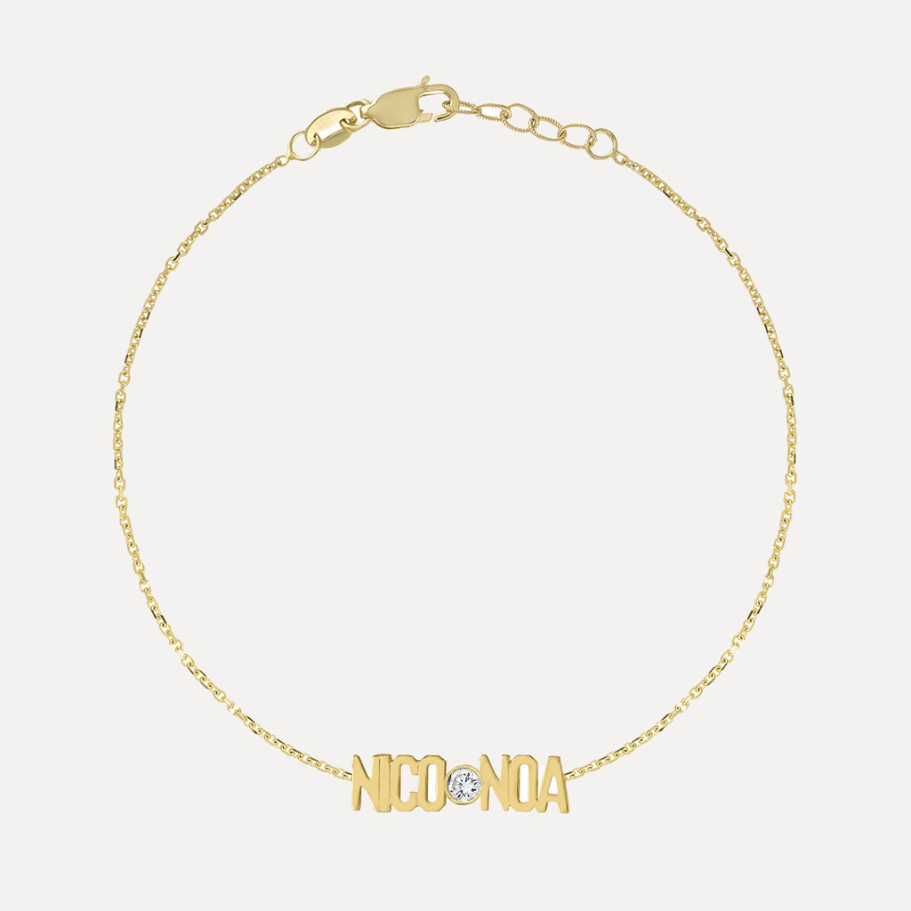Two Name Mini Mini Nameplate Bracelet with Diamond Bezel