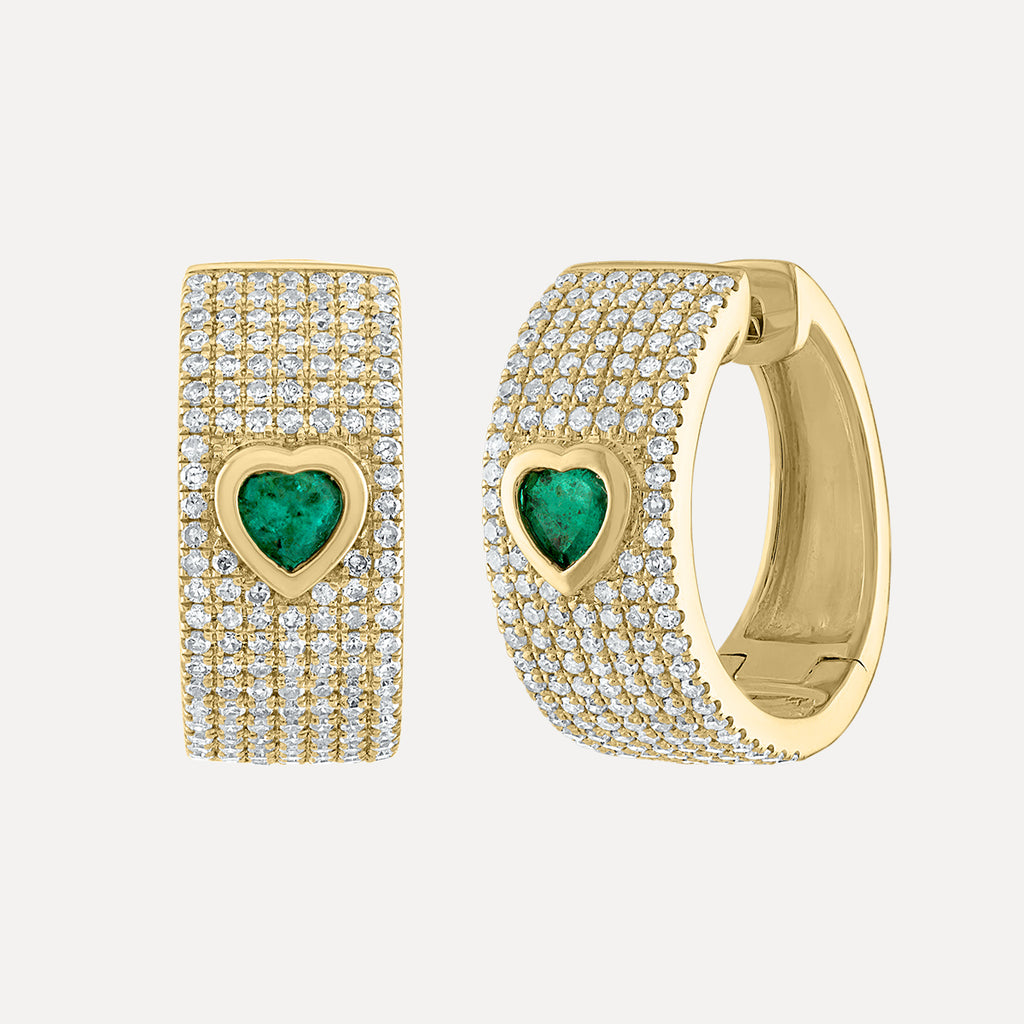 Multi Row Diamond Huggie Earrings with Emerald Heart